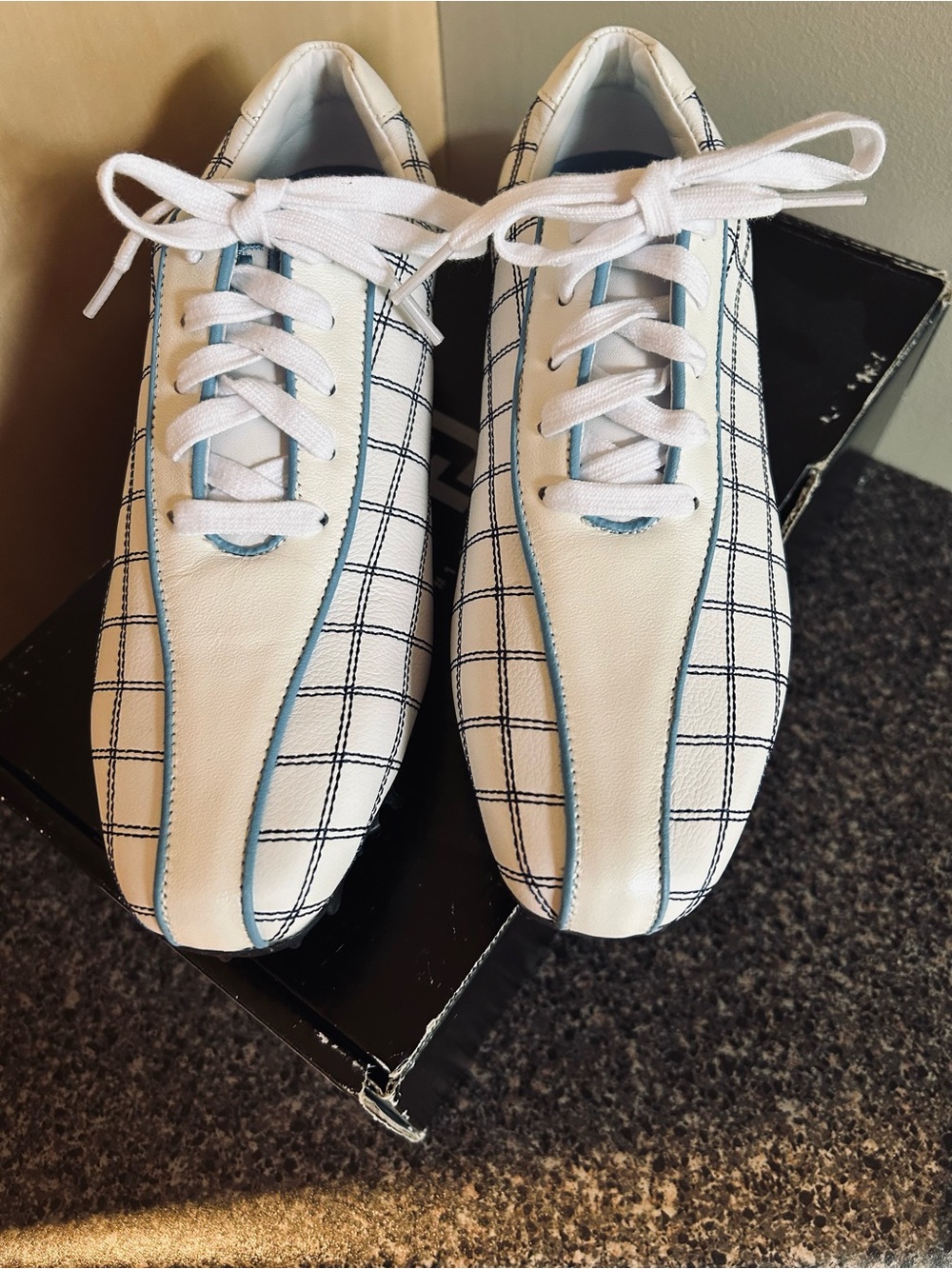 FootJoy White Plaid Athletic Golf Shoes with Blue Trim